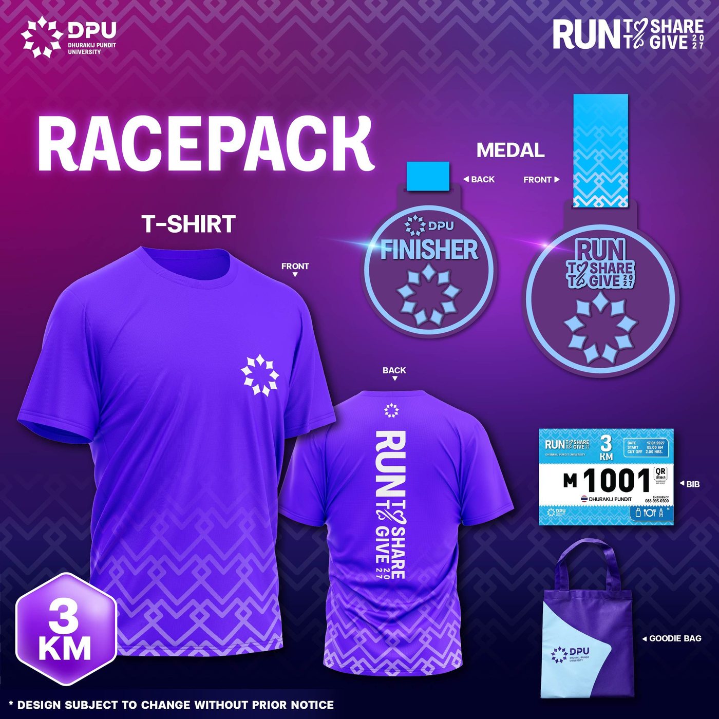Race Pack 3KM — เสื้อ เหรียญ BIB และ Goodie Bag
